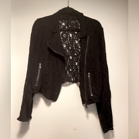 Guess Women’s Black Lace Biker Jacket Cropped Size Large - Picture 1 of 7